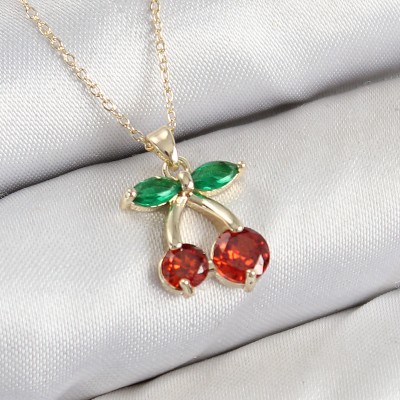 Pirinç Zirkon Taşlı Kiraz Model Gold Renk Kadın Kolye Pirinç Zirkon Taşlı Kiraz Model Gold Renk Kadın Kolye