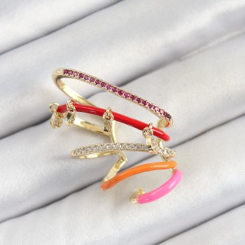 Pirinç Zirkon Taşlı Kırmızı Turuncu Pembe Sıkıştırma Sağ Kıkırdak Gold Renk Kadın Küpe Pirinç Zirkon Taşlı Kırmızı Turuncu Pembe Sıkıştırma Sağ Kıkırdak Gold Renk Kadın Küpe