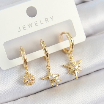 Pirinç Zirkon Taşlı Yıldız Model Gold Renk 3'lü Çift Kadın Küpe Set Pirinç Zirkon Taşlı Yıldız Model Gold Renk 3'lü Çift Kadın Küpe Set