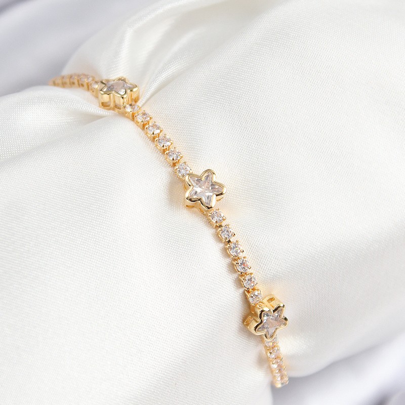 Pirinç Zirkon Taşlı Yıldız Model Gold Renk Asansörlü Kadın Bileklik Pirinç Zirkon Taşlı Yıldız Model Gold Renk Asansörlü Kadın Bileklik
