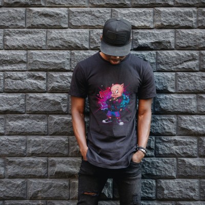 Porky Pig Graffiti Baskılı Unisex Siyah Oversize Tişört - 24/1 Penye Porky Pig Graffiti Baskılı Unisex Siyah Oversize Tişört - 24/1 Penye