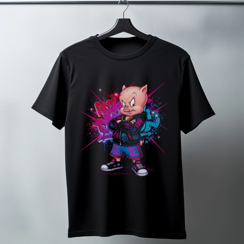 Porky Pig Graffiti Baskılı Unisex Siyah Oversize Tişört - 24/1 Penye Porky Pig Graffiti Baskılı Unisex Siyah Oversize Tişört - 24/1 Penye