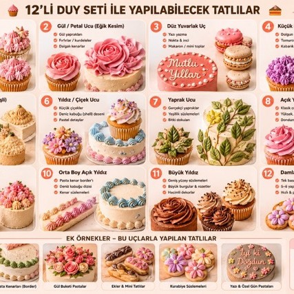 Profesyonel Pastalar İçin Tam Donanımlı 12'li Dekorasyon Seti (Paslanmaz Çelik Duy Seti) Profesyonel Pastalar İçin Tam Donanımlı 12'li Dekorasyon Seti (Paslanmaz Çelik Duy Seti)