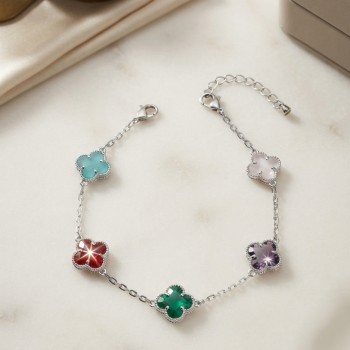 Renkli Kristal Taşlı Gümüş Renk Yonca Model Kadın Bileklik