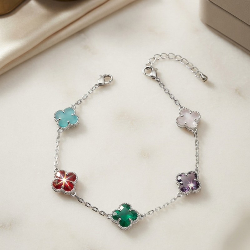 Renkli Kristal Taşlı Gümüş Renk Yonca Model Kadın Bileklik Renkli Kristal Taşlı Gümüş Renk Yonca Model Kadın Bileklik