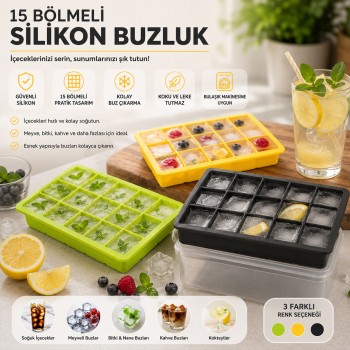 Renkli Pratik Buz Kalıbı - 15 Bölmeli - Silikon 