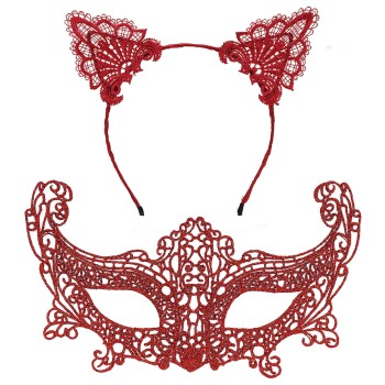 Romantik Kırmızı Dantel Maske Seti – Kedi Kulaklı Taç ve Maske No 3 Romantik Kırmızı Dantel Maske Seti – Kedi Kulaklı Taç ve Maske No 3