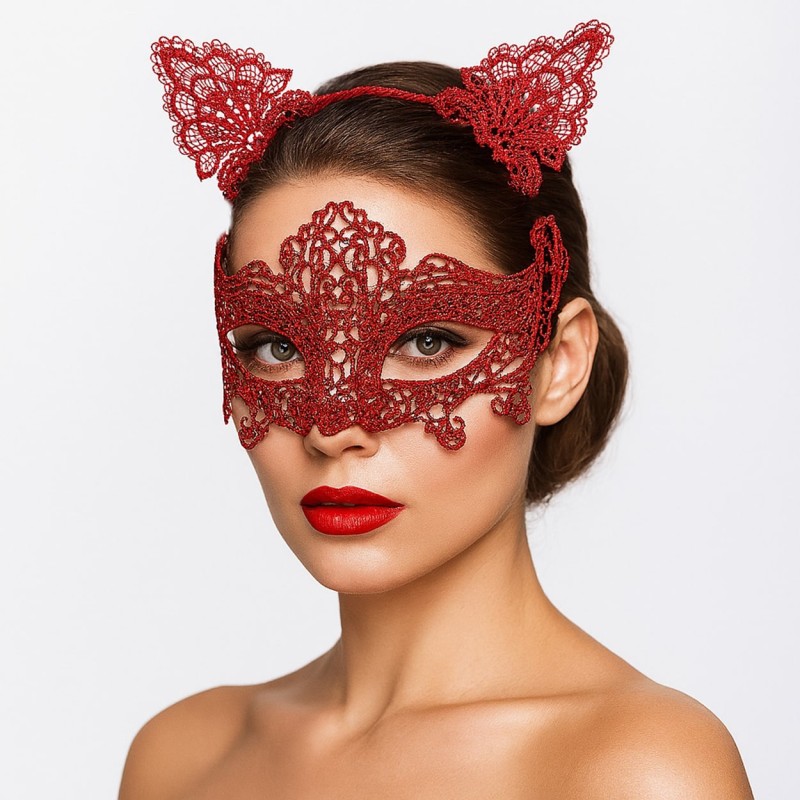 Romantik Kırmızı Dantel Maske Seti – Kedi Kulaklı Taç ve Maske No 3 Romantik Kırmızı Dantel Maske Seti – Kedi Kulaklı Taç ve Maske No 3