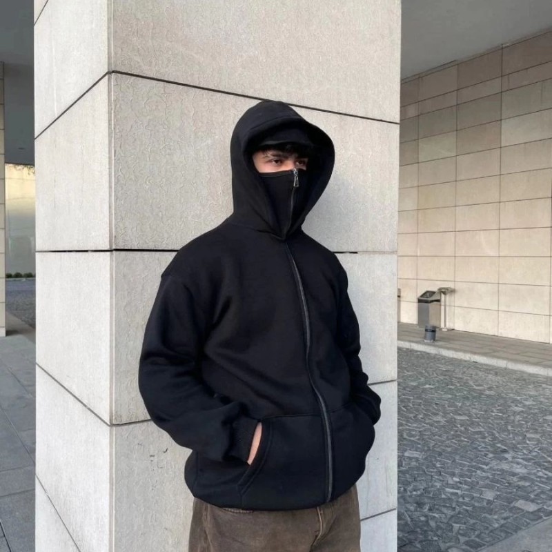 Samuray Ninja Çift Kapşonlu ZIP Fermuarlı Kanguru Çepli Tam Fermuarlı Hoodie Swetshirt - Siyah Samuray Ninja Çift Kapşonlu ZIP Fermuarlı Kanguru Çepli Tam Fermuarlı Hoodie Swetshirt - Siyah