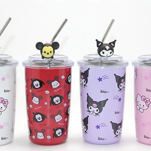 Sanrio Hello Kitty Ve Kuromi Figürlü Isı Muhafazalı Metal Pipetli Çelik Kupa Sanrio Hello Kitty Ve Kuromi Figürlü Isı Muhafazalı Metal Pipetli Çelik Kupa