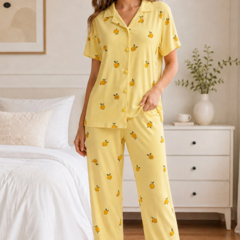 Sarı Limon Desenli Kısa Kollu Gömlek Yaka Milan Kumaş Kadın Pijama Takımı