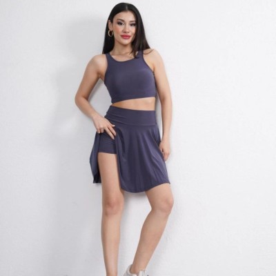 Sendy Kumaş Bisiklet Yaka Crop Şortlu Etek ikili Takım - Antrasit