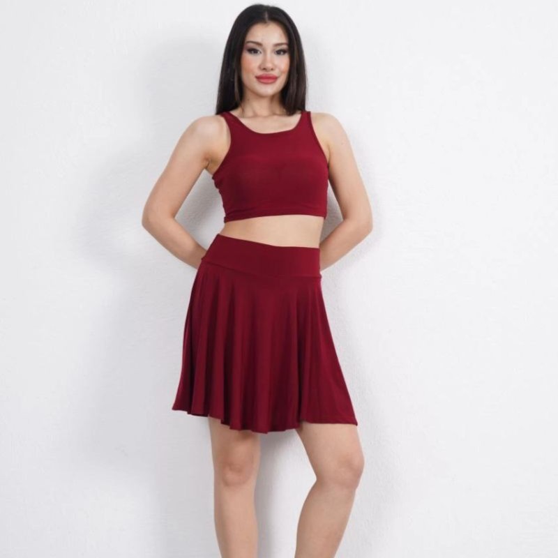 Sendy Kumaş Bisiklet Yaka Crop Şortlu Etek ikili Takım - Bordo
