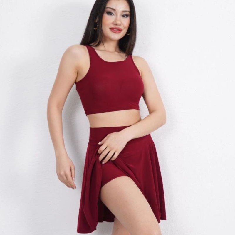 Sendy Kumaş Bisiklet Yaka Crop Şortlu Etek ikili Takım - Bordo