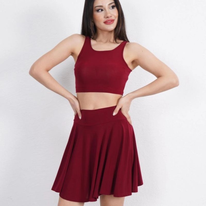 Sendy Kumaş Bisiklet Yaka Crop Şortlu Etek ikili Takım - Bordo