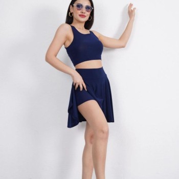 Sendy Kumaş Bisiklet Yaka Crop Şortlu Etek ikili Takım - Lacivert Sendy Kumaş Bisiklet Yaka Crop Şortlu Etek ikili Takım - Lacivert