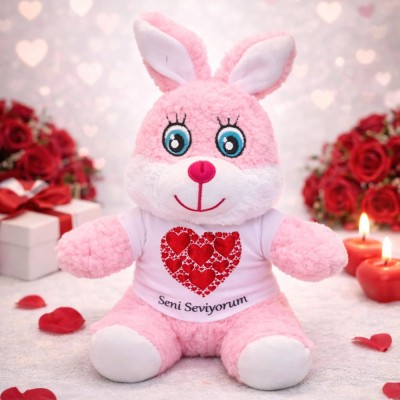 Seni Seviyorum Tişörtlü Pembe Peluş Tavşan Seni Seviyorum Tişörtlü Pembe Peluş Tavşan