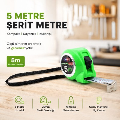 Şerit Metre - 5 Metre Uzunluk - Manyetik Uç Şerit Metre - 5 Metre Uzunluk - Manyetik Uç