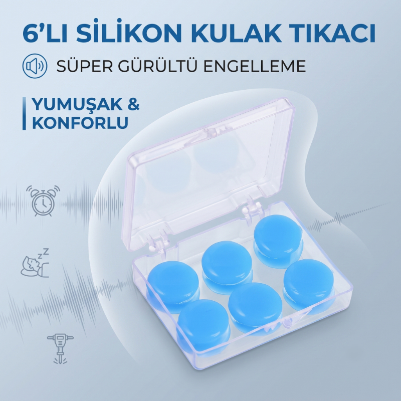 Silikon Kulak Tıkacı - 6'lı Özel Kutulu - Su Geçirmez ve Gürültü Önleyici Silikon Kulak Tıkacı - 6'lı Özel Kutulu - Su Geçirmez ve Gürültü Önleyici