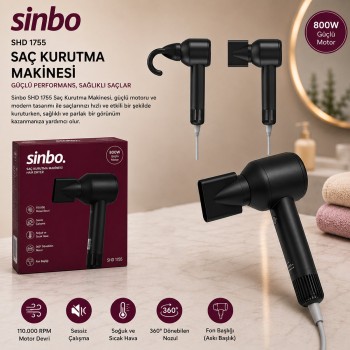 Sinbo Saç Kurutma Makinesi - Siyah Renk - Sessiz Çalışma Özelliği 