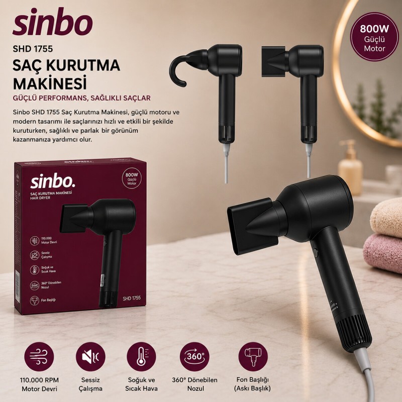 Sinbo Saç Kurutma Makinesi - Siyah Renk - Sessiz Çalışma Özelliği Sinbo Saç Kurutma Makinesi - Siyah Renk - Sessiz Çalışma Özelliği