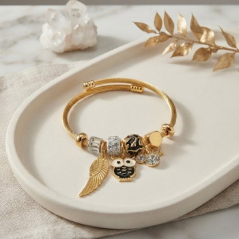 Siyah Baykuş Model Gold Renk Charmlı Bileklik