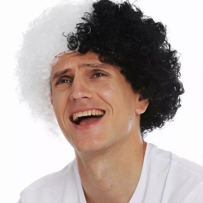 Siyah Beyaz Kıvırcık Afro Bonus Taraftar Peruğu Siyah Beyaz Kıvırcık Afro Bonus Taraftar Peruğu