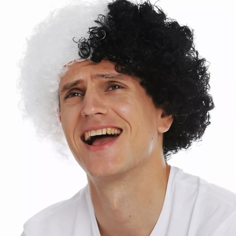 Siyah Beyaz Kıvırcık Afro Bonus Taraftar Peruğu Siyah Beyaz Kıvırcık Afro Bonus Taraftar Peruğu