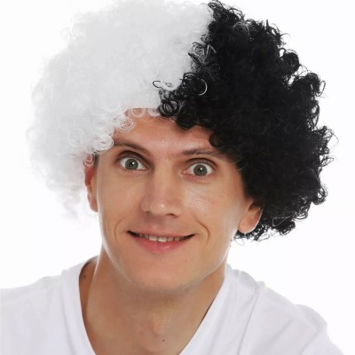 Siyah Beyaz Kıvırcık Afro Bonus Taraftar Peruğu Siyah Beyaz Kıvırcık Afro Bonus Taraftar Peruğu