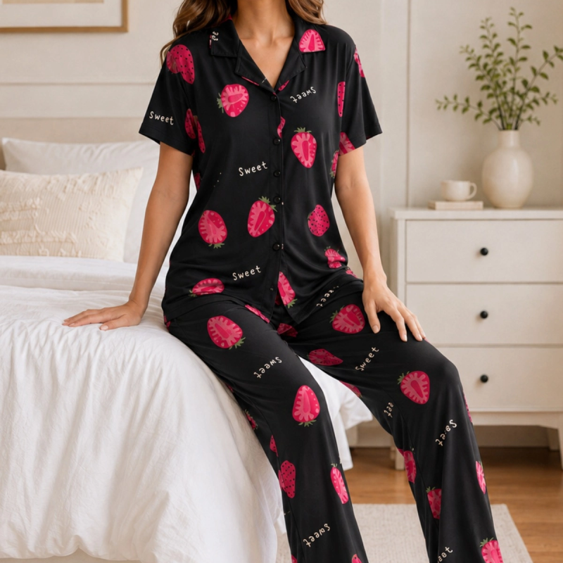 Siyah Çilek Desenli Kısa Kollu Gömlek Yaka Milan Kumaş Kadın Pijama Takımı Siyah Çilek Desenli Kısa Kollu Gömlek Yaka Milan Kumaş Kadın Pijama Takımı