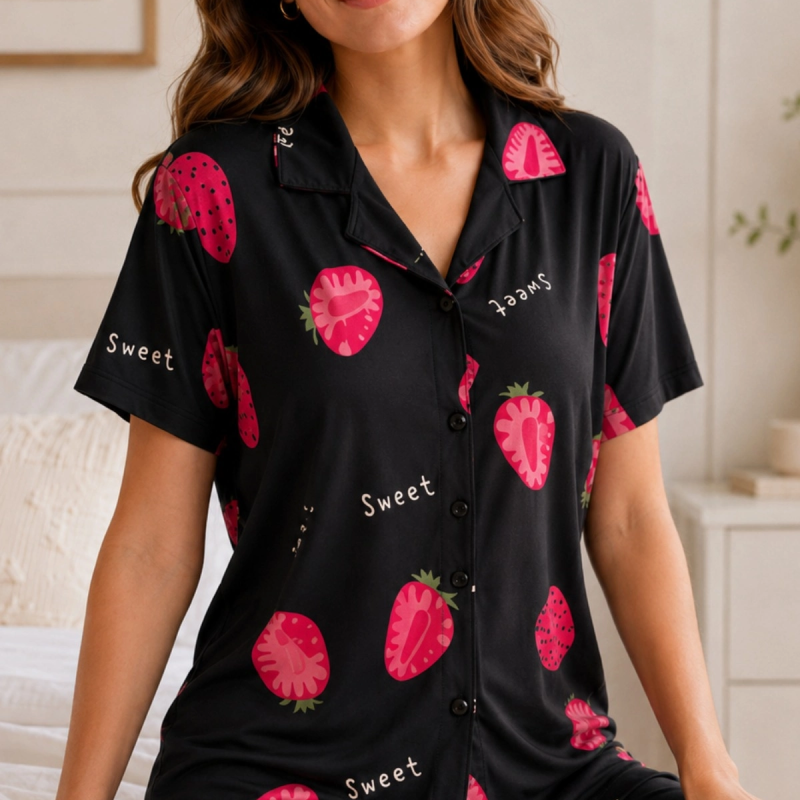 Siyah Çilek Desenli Kısa Kollu Gömlek Yaka Milan Kumaş Kadın Pijama Takımı Siyah Çilek Desenli Kısa Kollu Gömlek Yaka Milan Kumaş Kadın Pijama Takımı