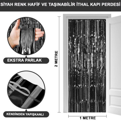 Siyah Ekstra Metalize Parlak Saçaklı Arka Fon Perde Siyah Ekstra Metalize Parlak Saçaklı Arka Fon Perde