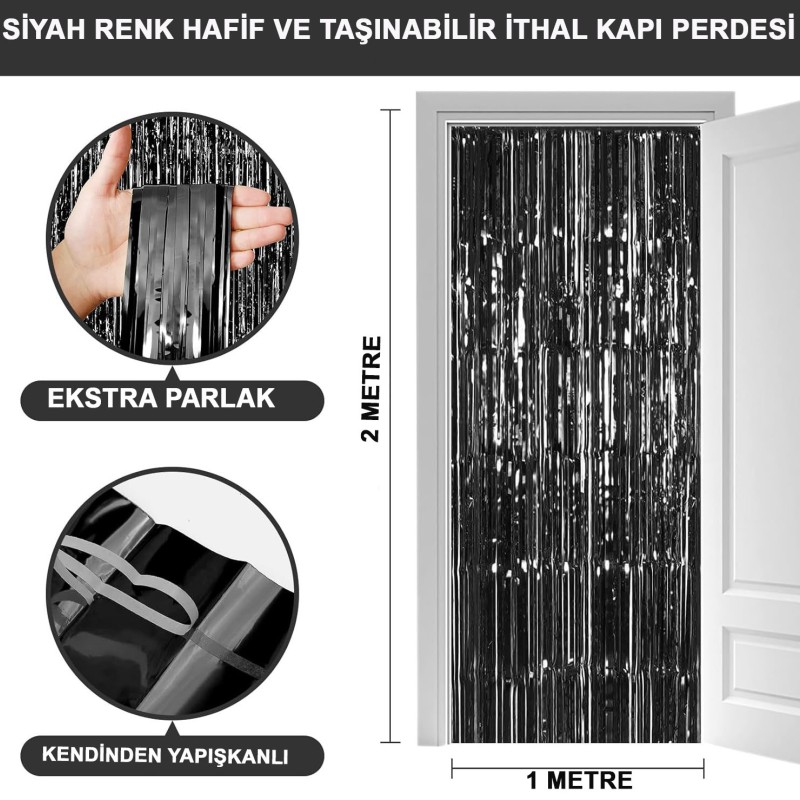 Siyah Ekstra Metalize Parlak Saçaklı Arka Fon Perde Siyah Ekstra Metalize Parlak Saçaklı Arka Fon Perde