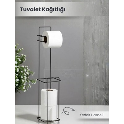 Siyah Standlı Yedek Hazneli Tuvalet Kağıtlığı 