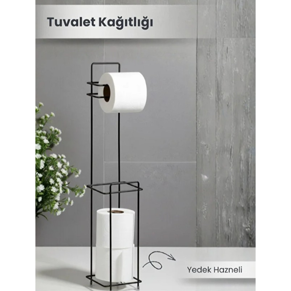 Siyah Standlı Yedek Hazneli Tuvalet Kağıtlığı Siyah Standlı Yedek Hazneli Tuvalet Kağıtlığı