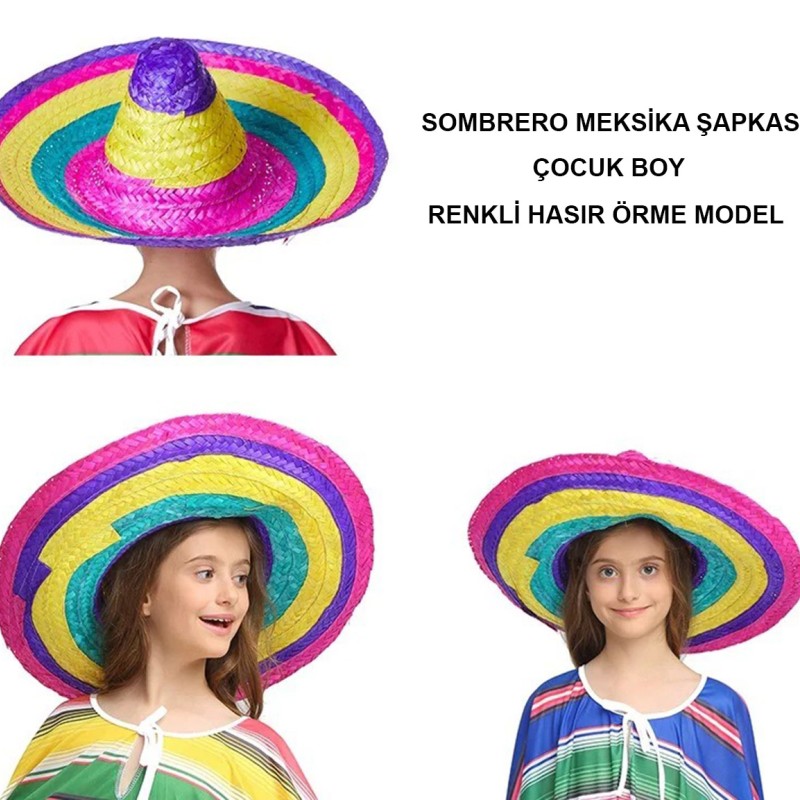 Sombrero Meksika Şapkası Renkli Örme Hasır Çocuk Boy Sombrero Meksika Şapkası Renkli Örme Hasır Çocuk Boy
