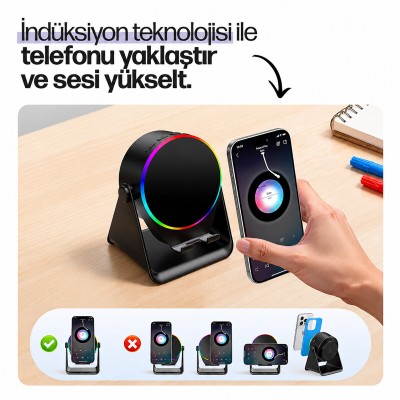 SoundPad Bluetooth Hoparlör - İndüksiyon Temas Özellikli - Telefon Standlı - Type-C Şarj - RGB Ambiyans Aydınlatma 