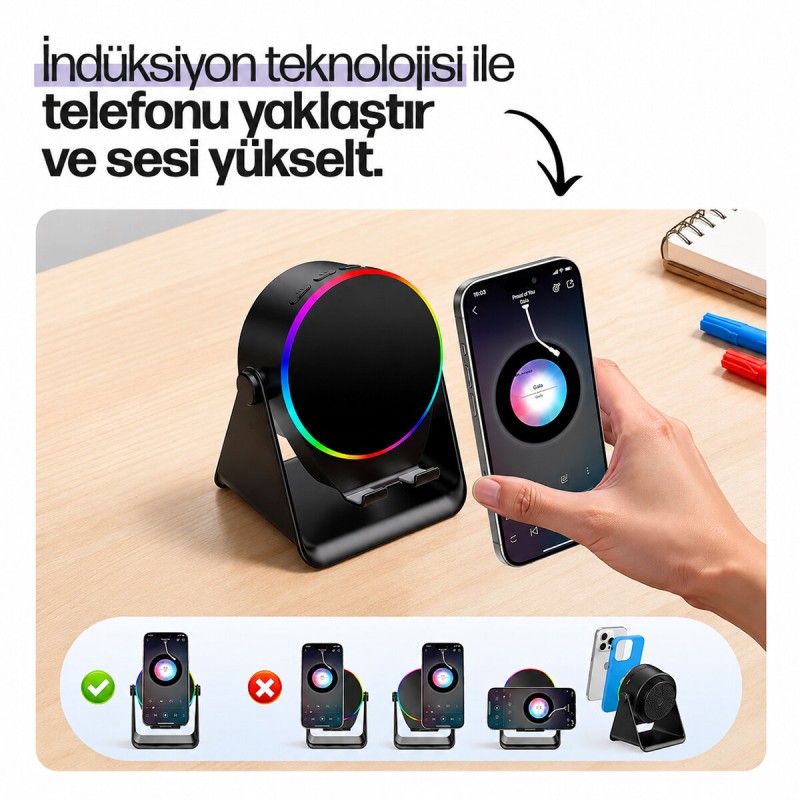 SoundPad Bluetooth Hoparlör - İndüksiyon Temas Özellikli - Telefon Standlı - Type-C Şarj - RGB Ambiyans Aydınlatma 