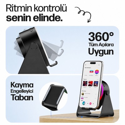 SoundPad Bluetooth Hoparlör - İndüksiyon Temas Özellikli - Telefon Standlı - Type-C Şarj - RGB Ambiyans Aydınlatma 