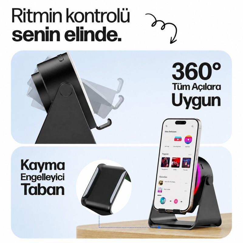 SoundPad Bluetooth Hoparlör - İndüksiyon Temas Özellikli - Telefon Standlı - Type-C Şarj - RGB Ambiyans Aydınlatma 