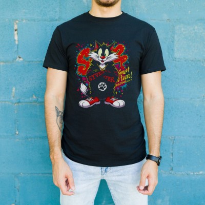 Sylvester Graffiti Baskılı Unisex Siyah Oversize Tişört - 24/1 Penye Sylvester Graffiti Baskılı Unisex Siyah Oversize Tişört - 24/1 Penye