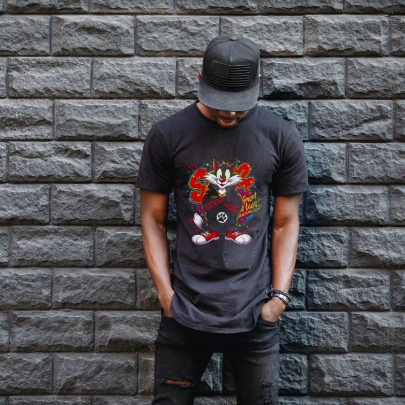 Sylvester Graffiti Baskılı Unisex Siyah Oversize Tişört - 24/1 Penye Sylvester Graffiti Baskılı Unisex Siyah Oversize Tişört - 24/1 Penye