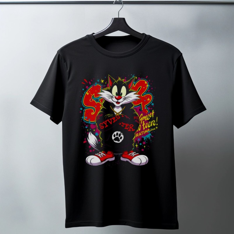 Sylvester Graffiti Baskılı Unisex Siyah Oversize Tişört - 24/1 Penye Sylvester Graffiti Baskılı Unisex Siyah Oversize Tişört - 24/1 Penye