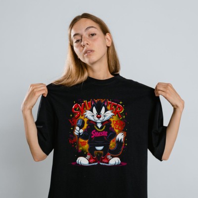 Sylvester Graffiti Baskılı Unisex Siyah Oversize Tişört - 24/1 Penye Sylvester Graffiti Baskılı Unisex Siyah Oversize Tişört - 24/1 Penye