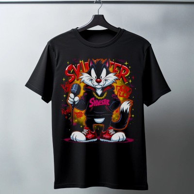 Sylvester Graffiti Baskılı Unisex Siyah Oversize Tişört - 24/1 Penye Sylvester Graffiti Baskılı Unisex Siyah Oversize Tişört - 24/1 Penye