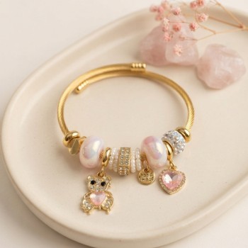 Tedy Bear Model Gold Renk Pembe Charmlı Bileklik Tedy Bear Model Gold Renk Pembe Charmlı Bileklik