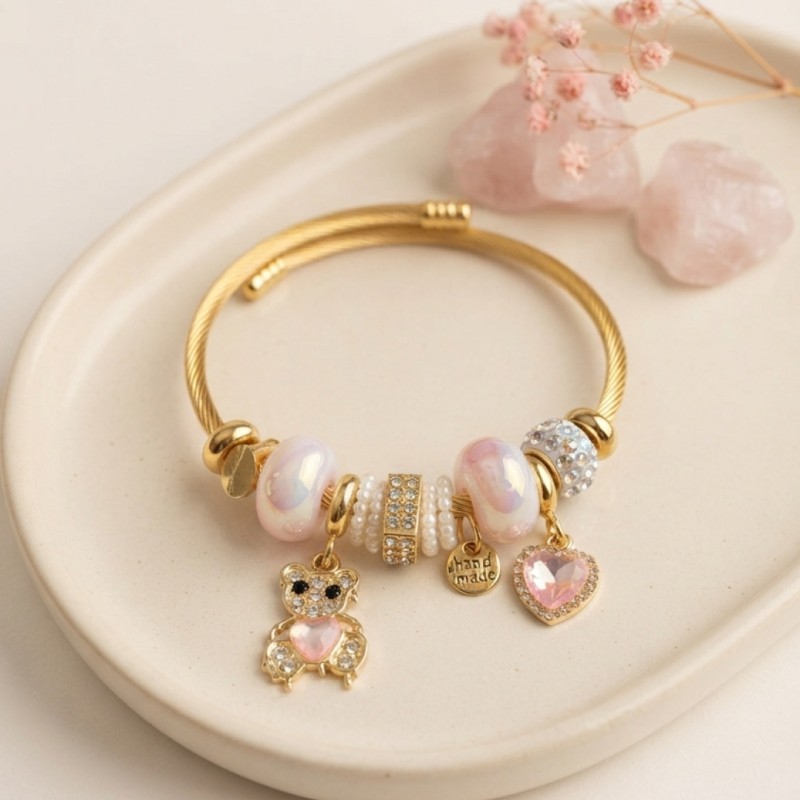 Tedy Bear Model Gold Renk Pembe Charmlı Bileklik