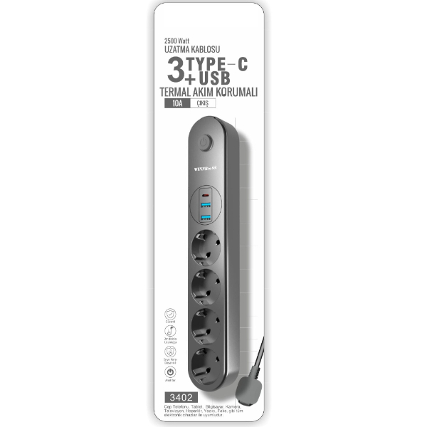 Termal Akım Korumalı 4 Prizli USB Girişli Uzatma Kablosu Termal Akım Korumalı 4 Prizli USB Girişli Uzatma Kablosu