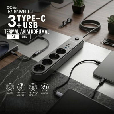 Termal Akım Korumalı 4 Prizli USB Girişli Uzatma Kablosu Termal Akım Korumalı 4 Prizli USB Girişli Uzatma Kablosu