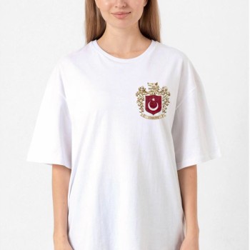Türk Arma Baskılı Oversize Bisiklet Yaka Günlük T-shirt - Beyaz Türk Arma Baskılı Oversize Bisiklet Yaka Günlük T-shirt - Beyaz
